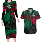custom-rabbitohs-rugby-couples-matching-long-sleeve-bodycon-dress-and-hawaiian-shirt-bunnies-hibiscus-and-turtle-with-polynesian-pattern