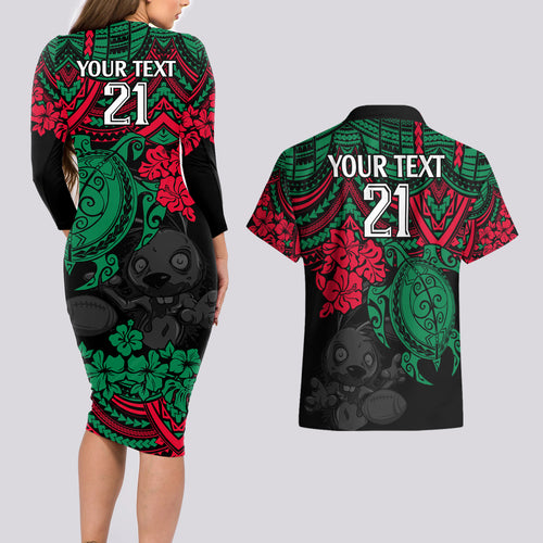 custom-rabbitohs-rugby-couples-matching-long-sleeve-bodycon-dress-and-hawaiian-shirt-bunnies-hibiscus-and-turtle-with-polynesian-pattern