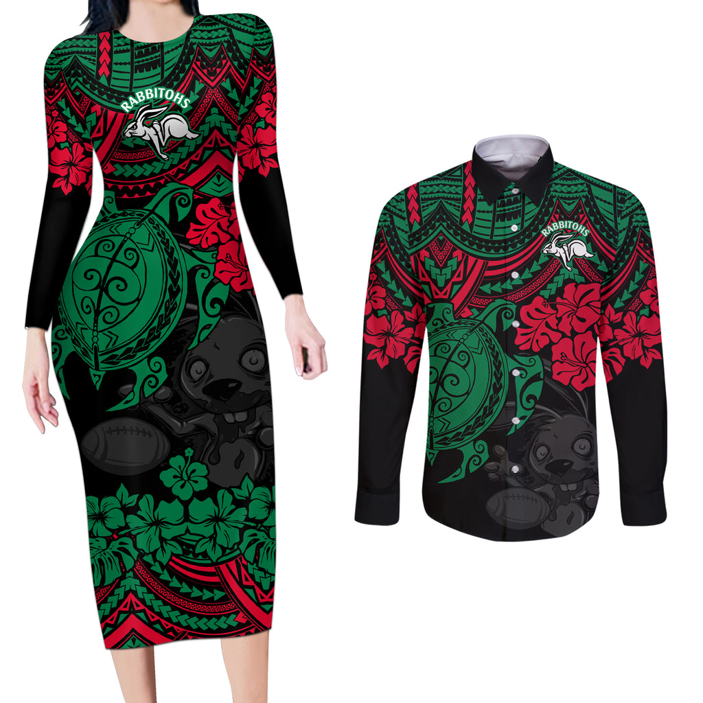 custom-rabbitohs-rugby-couples-matching-long-sleeve-bodycon-dress-and-long-sleeve-button-shirt-bunnies-hibiscus-and-turtle-with-polynesian-pattern