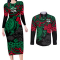 custom-rabbitohs-rugby-couples-matching-long-sleeve-bodycon-dress-and-long-sleeve-button-shirt-bunnies-hibiscus-and-turtle-with-polynesian-pattern
