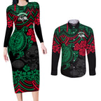 custom-rabbitohs-rugby-couples-matching-long-sleeve-bodycon-dress-and-long-sleeve-button-shirt-bunnies-hibiscus-and-turtle-with-polynesian-pattern
