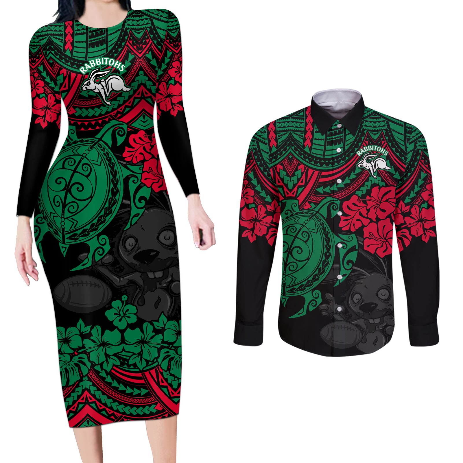 custom-rabbitohs-rugby-couples-matching-long-sleeve-bodycon-dress-and-long-sleeve-button-shirt-bunnies-hibiscus-and-turtle-with-polynesian-pattern