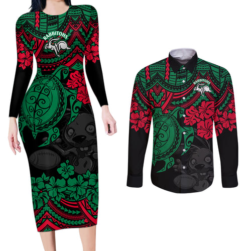 custom-rabbitohs-rugby-couples-matching-long-sleeve-bodycon-dress-and-long-sleeve-button-shirt-bunnies-hibiscus-and-turtle-with-polynesian-pattern