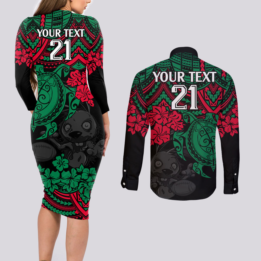 custom-rabbitohs-rugby-couples-matching-long-sleeve-bodycon-dress-and-long-sleeve-button-shirt-bunnies-hibiscus-and-turtle-with-polynesian-pattern