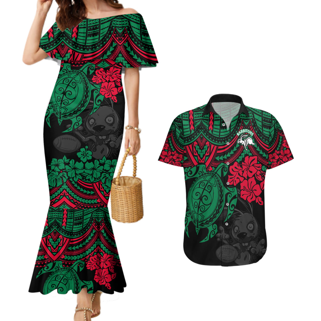 custom-rabbitohs-rugby-couples-matching-mermaid-dress-and-hawaiian-shirt-bunnies-hibiscus-and-turtle-with-polynesian-pattern