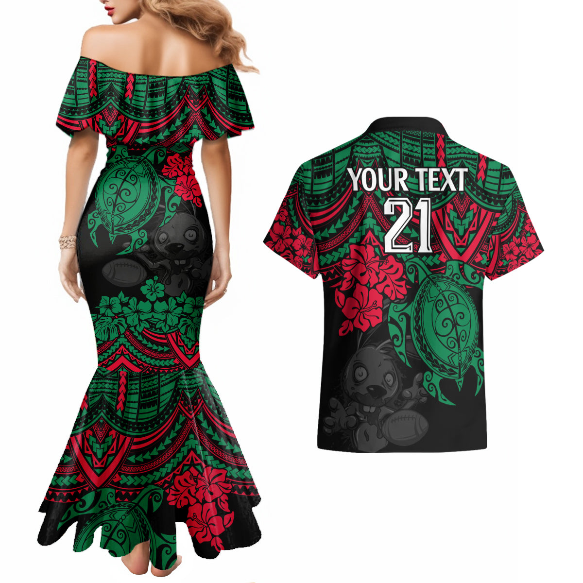 custom-rabbitohs-rugby-couples-matching-mermaid-dress-and-hawaiian-shirt-bunnies-hibiscus-and-turtle-with-polynesian-pattern