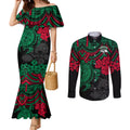 custom-rabbitohs-rugby-couples-matching-mermaid-dress-and-long-sleeve-button-shirt-bunnies-hibiscus-and-turtle-with-polynesian-pattern