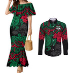 custom-rabbitohs-rugby-couples-matching-mermaid-dress-and-long-sleeve-button-shirt-bunnies-hibiscus-and-turtle-with-polynesian-pattern