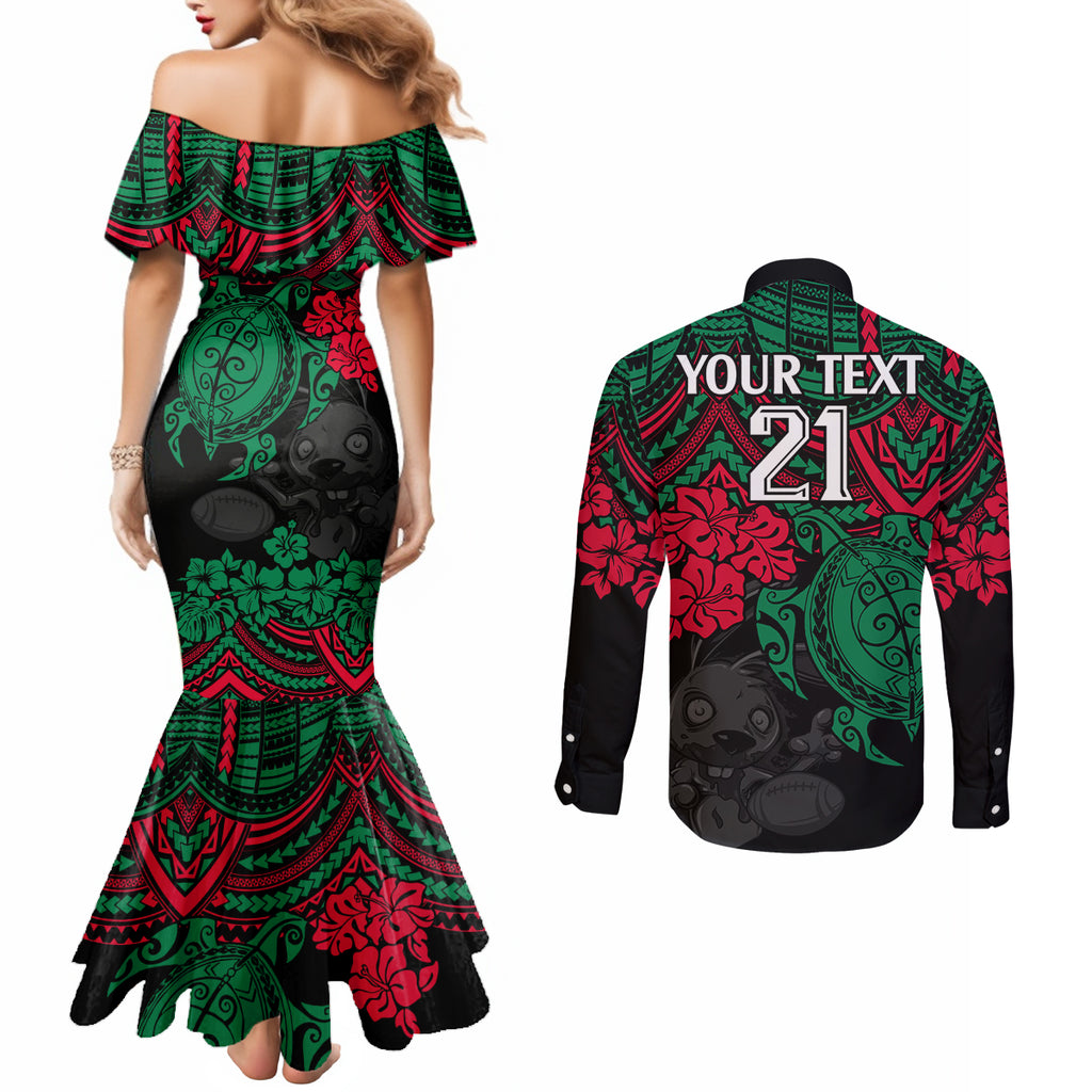 custom-rabbitohs-rugby-couples-matching-mermaid-dress-and-long-sleeve-button-shirt-bunnies-hibiscus-and-turtle-with-polynesian-pattern
