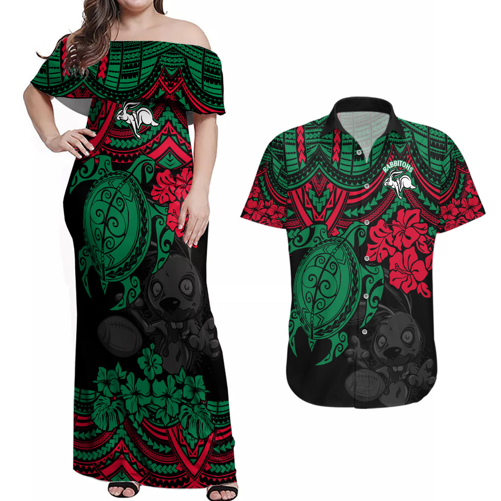 custom-rabbitohs-rugby-couples-matching-off-shoulder-maxi-dress-and-hawaiian-shirt-bunnies-hibiscus-and-turtle-with-polynesian-pattern