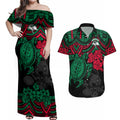 custom-rabbitohs-rugby-couples-matching-off-shoulder-maxi-dress-and-hawaiian-shirt-bunnies-hibiscus-and-turtle-with-polynesian-pattern