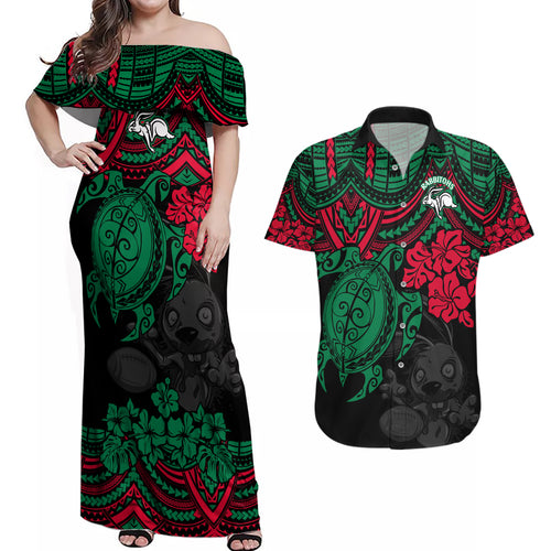 custom-rabbitohs-rugby-couples-matching-off-shoulder-maxi-dress-and-hawaiian-shirt-bunnies-hibiscus-and-turtle-with-polynesian-pattern