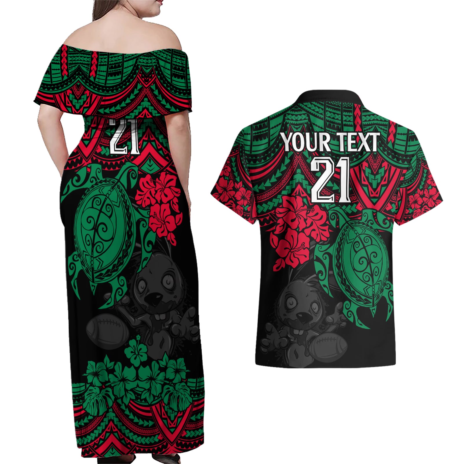 custom-rabbitohs-rugby-couples-matching-off-shoulder-maxi-dress-and-hawaiian-shirt-bunnies-hibiscus-and-turtle-with-polynesian-pattern