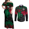 custom-rabbitohs-rugby-couples-matching-off-shoulder-maxi-dress-and-long-sleeve-button-shirt-bunnies-hibiscus-and-turtle-with-polynesian-pattern