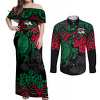 custom-rabbitohs-rugby-couples-matching-off-shoulder-maxi-dress-and-long-sleeve-button-shirt-bunnies-hibiscus-and-turtle-with-polynesian-pattern