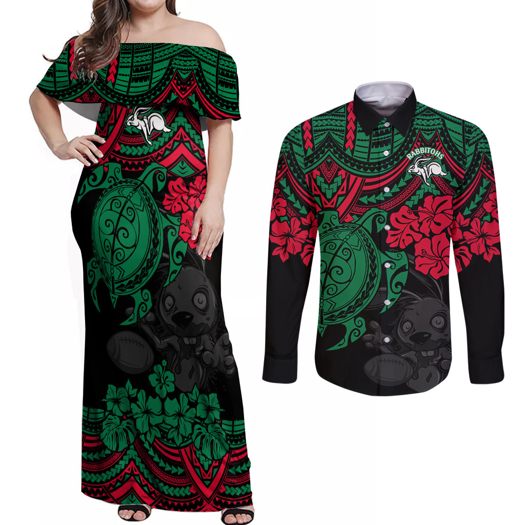 custom-rabbitohs-rugby-couples-matching-off-shoulder-maxi-dress-and-long-sleeve-button-shirt-bunnies-hibiscus-and-turtle-with-polynesian-pattern
