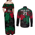 custom-rabbitohs-rugby-couples-matching-off-shoulder-maxi-dress-and-long-sleeve-button-shirt-bunnies-hibiscus-and-turtle-with-polynesian-pattern