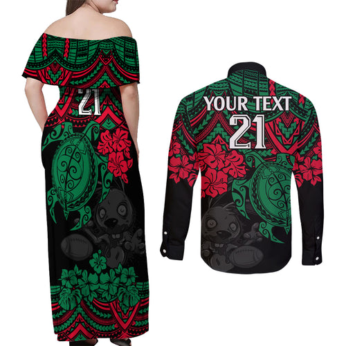 custom-rabbitohs-rugby-couples-matching-off-shoulder-maxi-dress-and-long-sleeve-button-shirt-bunnies-hibiscus-and-turtle-with-polynesian-pattern