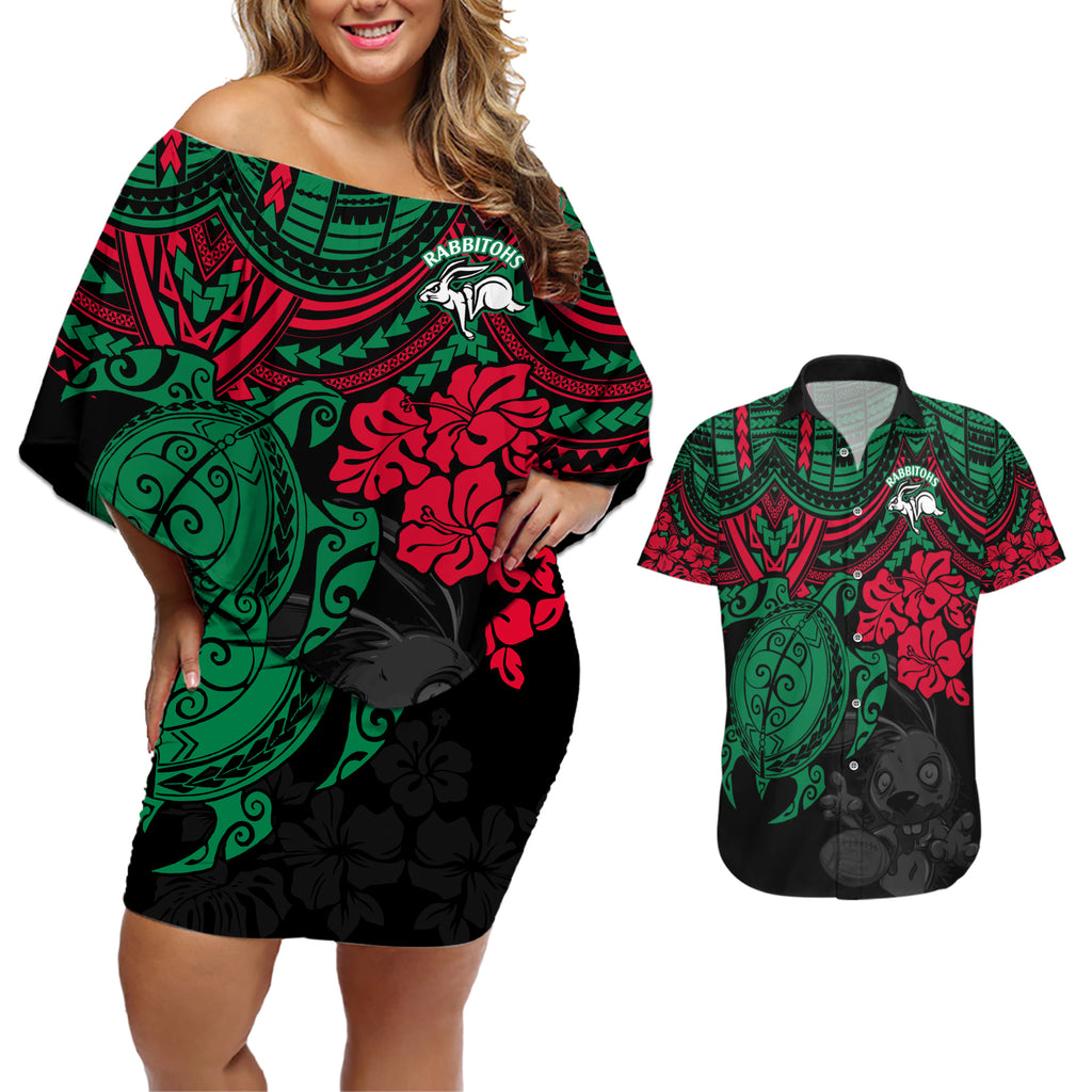 custom-rabbitohs-rugby-couples-matching-off-shoulder-short-dress-and-hawaiian-shirt-bunnies-hibiscus-and-turtle-with-polynesian-pattern