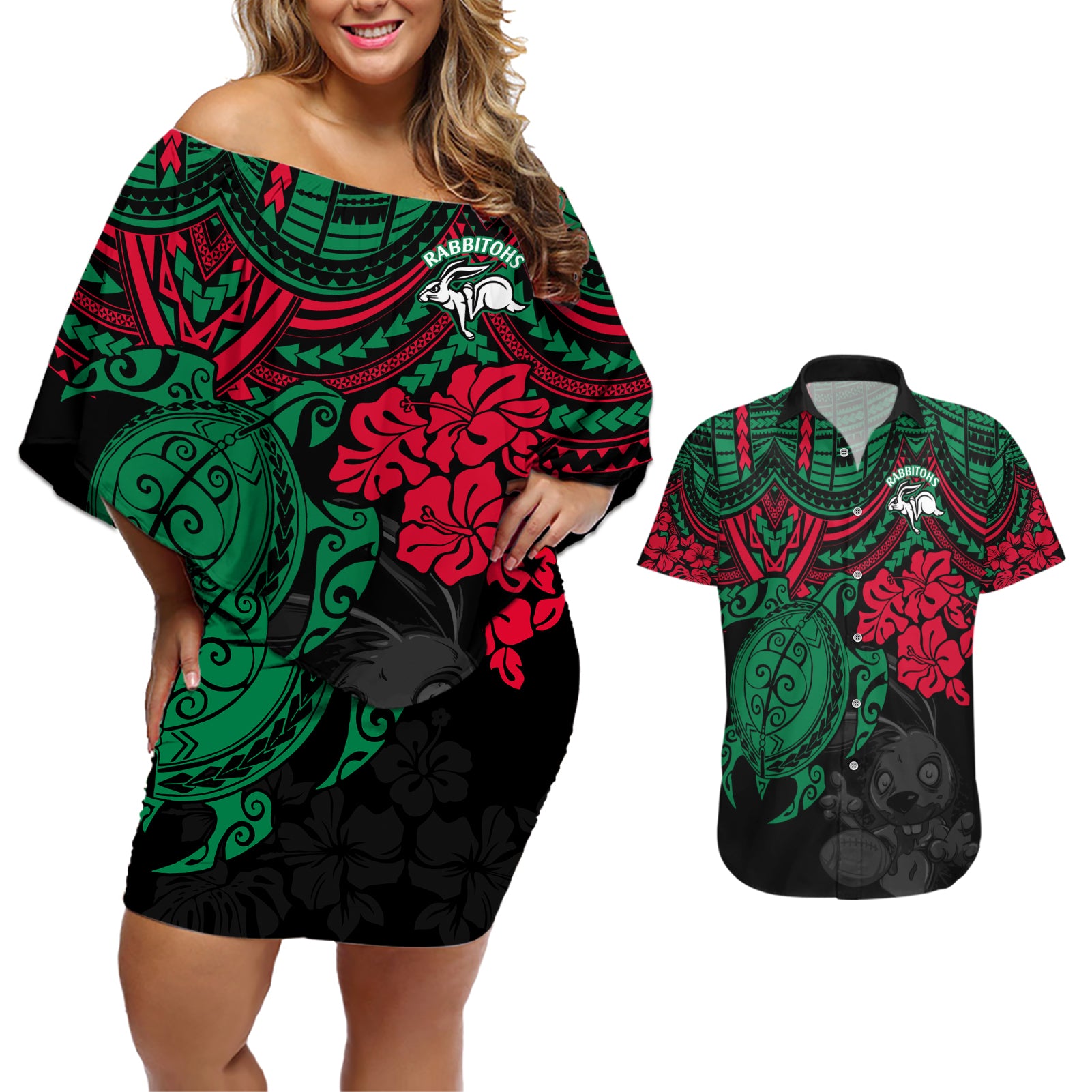 custom-rabbitohs-rugby-couples-matching-off-shoulder-short-dress-and-hawaiian-shirt-bunnies-hibiscus-and-turtle-with-polynesian-pattern