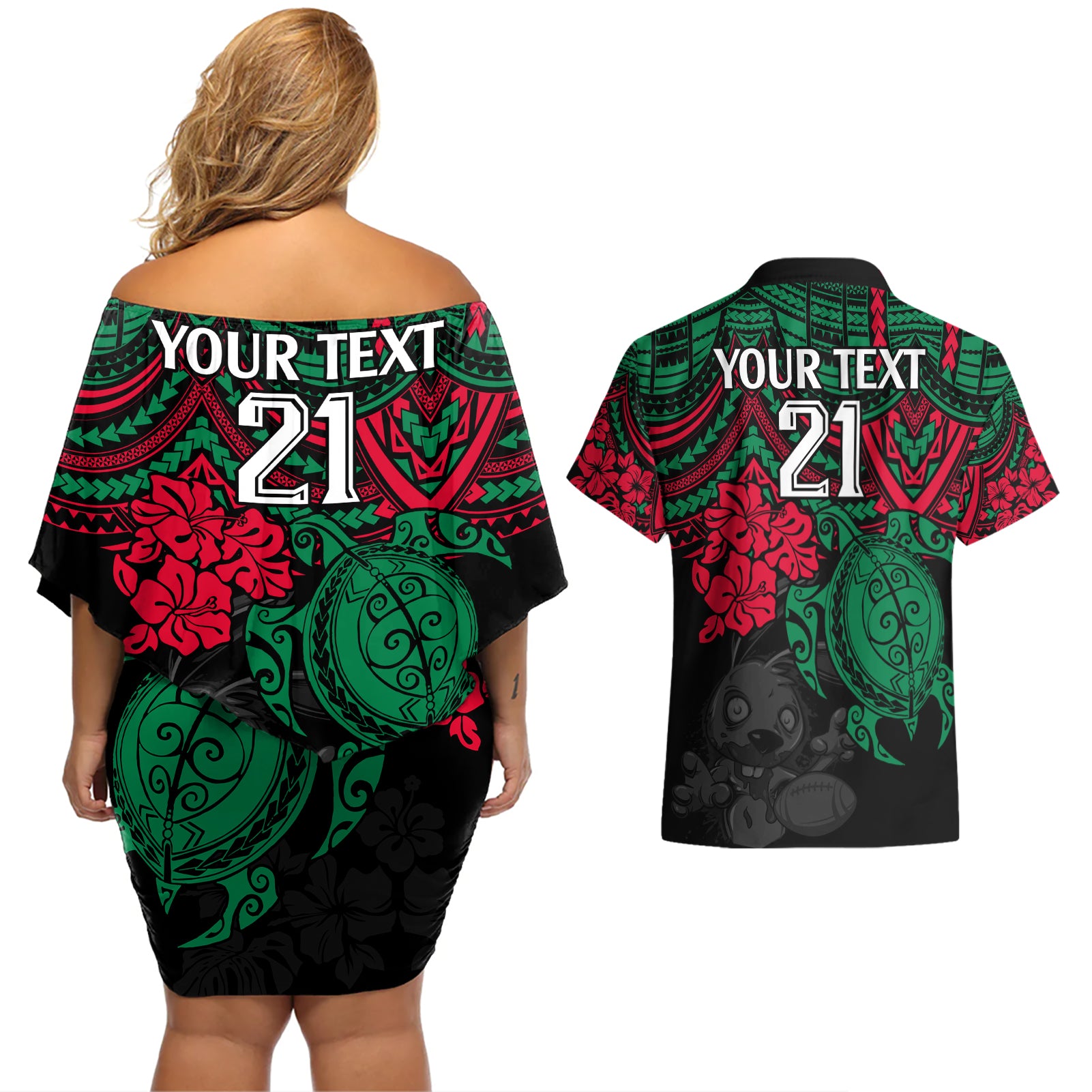 custom-rabbitohs-rugby-couples-matching-off-shoulder-short-dress-and-hawaiian-shirt-bunnies-hibiscus-and-turtle-with-polynesian-pattern