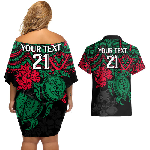 custom-rabbitohs-rugby-couples-matching-off-shoulder-short-dress-and-hawaiian-shirt-bunnies-hibiscus-and-turtle-with-polynesian-pattern