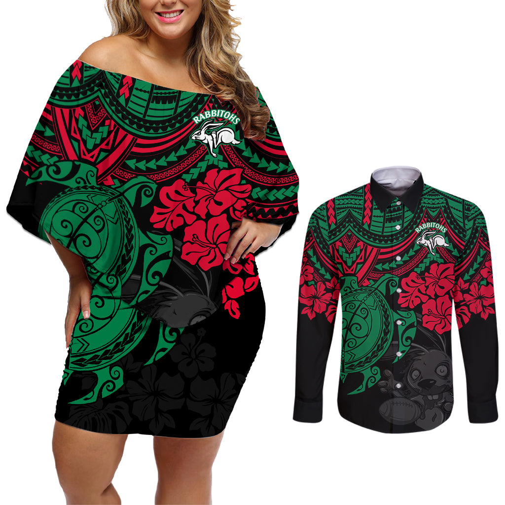 custom-rabbitohs-rugby-couples-matching-off-shoulder-short-dress-and-long-sleeve-button-shirt-bunnies-hibiscus-and-turtle-with-polynesian-pattern