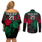 custom-rabbitohs-rugby-couples-matching-off-shoulder-short-dress-and-long-sleeve-button-shirt-bunnies-hibiscus-and-turtle-with-polynesian-pattern