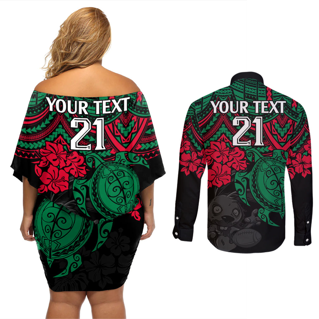 custom-rabbitohs-rugby-couples-matching-off-shoulder-short-dress-and-long-sleeve-button-shirt-bunnies-hibiscus-and-turtle-with-polynesian-pattern