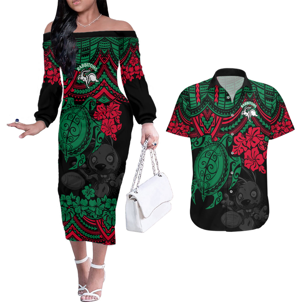 custom-rabbitohs-rugby-couples-matching-off-the-shoulder-long-sleeve-dress-and-hawaiian-shirt-bunnies-hibiscus-and-turtle-with-polynesian-pattern