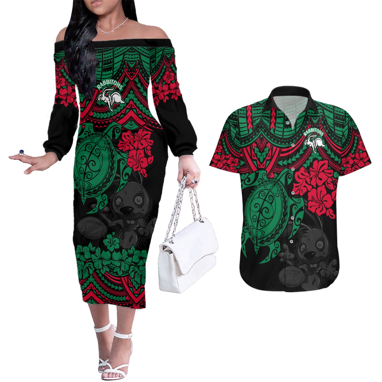 custom-rabbitohs-rugby-couples-matching-off-the-shoulder-long-sleeve-dress-and-hawaiian-shirt-bunnies-hibiscus-and-turtle-with-polynesian-pattern