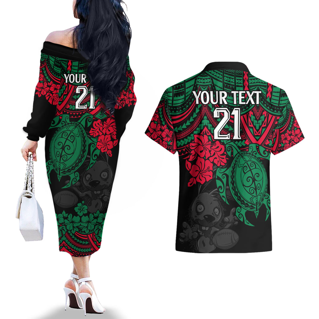 custom-rabbitohs-rugby-couples-matching-off-the-shoulder-long-sleeve-dress-and-hawaiian-shirt-bunnies-hibiscus-and-turtle-with-polynesian-pattern