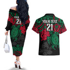 custom-rabbitohs-rugby-couples-matching-off-the-shoulder-long-sleeve-dress-and-hawaiian-shirt-bunnies-hibiscus-and-turtle-with-polynesian-pattern
