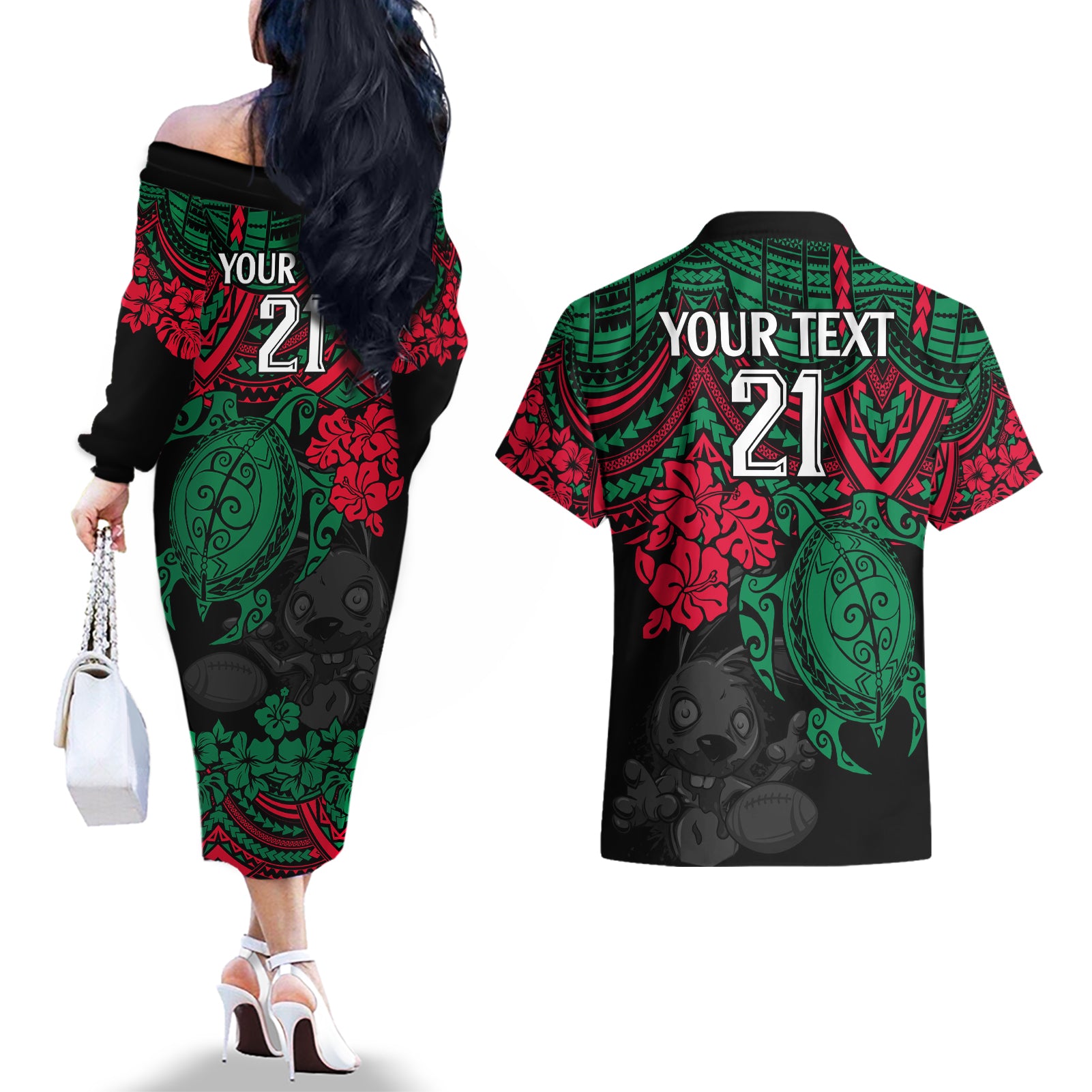 custom-rabbitohs-rugby-couples-matching-off-the-shoulder-long-sleeve-dress-and-hawaiian-shirt-bunnies-hibiscus-and-turtle-with-polynesian-pattern