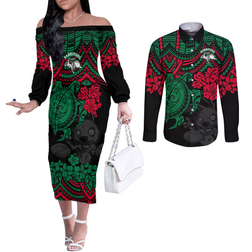 custom-rabbitohs-rugby-couples-matching-off-the-shoulder-long-sleeve-dress-and-long-sleeve-button-shirt-bunnies-hibiscus-and-turtle-with-polynesian-pattern