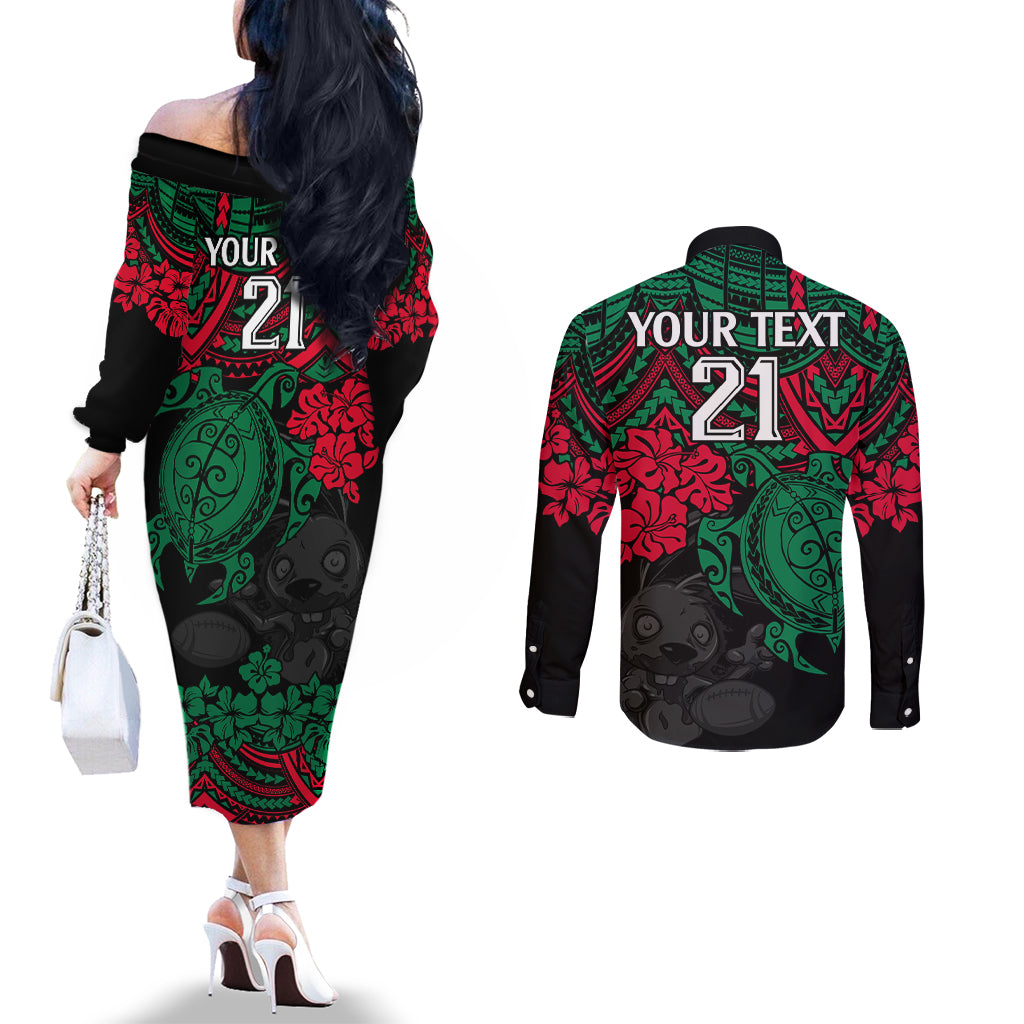 custom-rabbitohs-rugby-couples-matching-off-the-shoulder-long-sleeve-dress-and-long-sleeve-button-shirt-bunnies-hibiscus-and-turtle-with-polynesian-pattern
