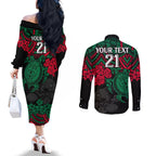 custom-rabbitohs-rugby-couples-matching-off-the-shoulder-long-sleeve-dress-and-long-sleeve-button-shirt-bunnies-hibiscus-and-turtle-with-polynesian-pattern