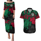 custom-rabbitohs-rugby-couples-matching-puletasi-dress-and-hawaiian-shirt-bunnies-hibiscus-and-turtle-with-polynesian-pattern