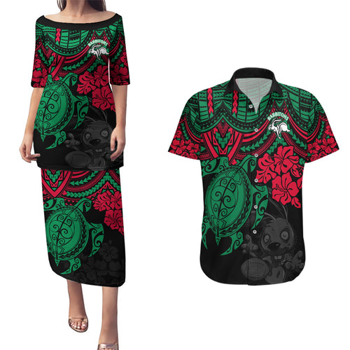 custom-rabbitohs-rugby-couples-matching-puletasi-dress-and-hawaiian-shirt-bunnies-hibiscus-and-turtle-with-polynesian-pattern