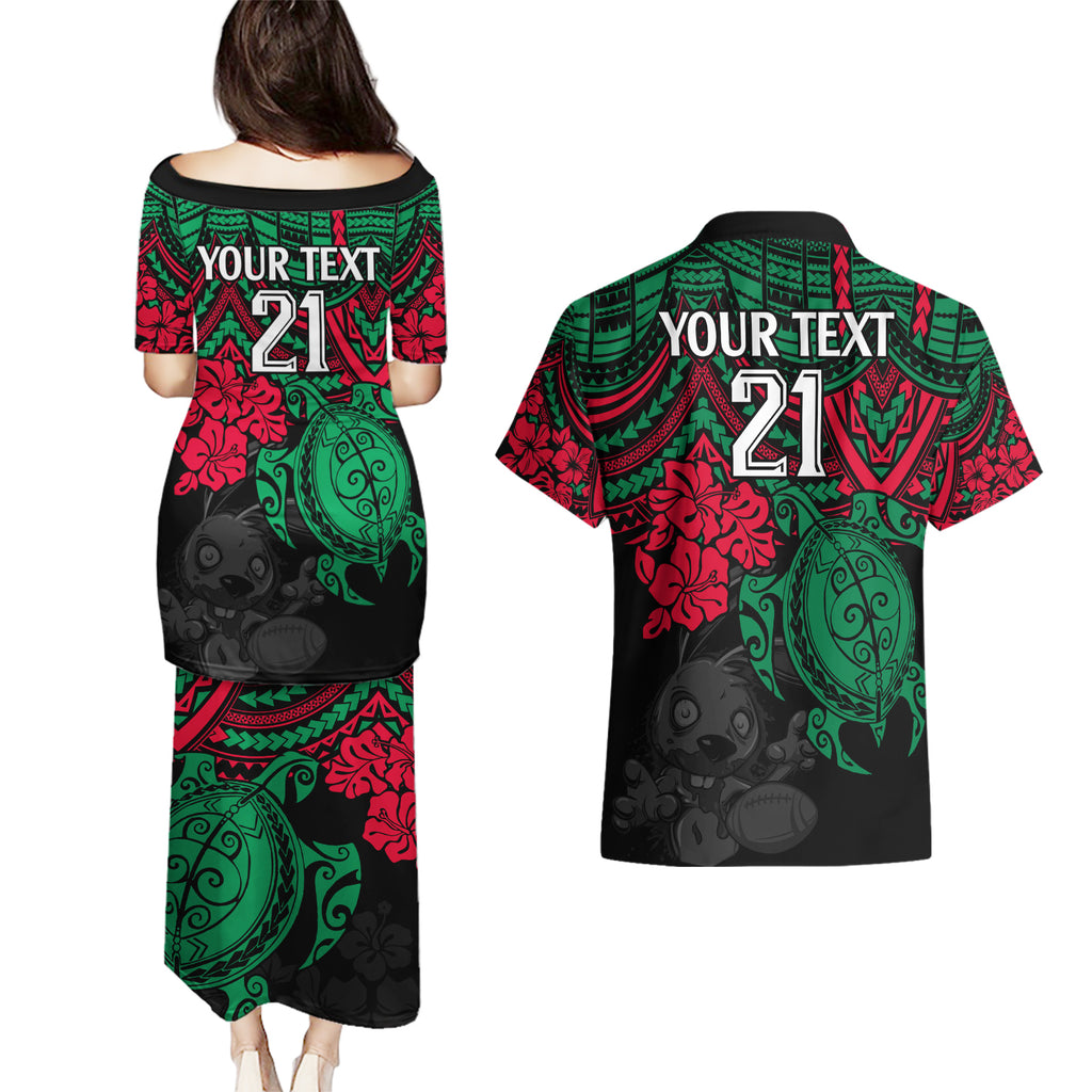 custom-rabbitohs-rugby-couples-matching-puletasi-dress-and-hawaiian-shirt-bunnies-hibiscus-and-turtle-with-polynesian-pattern