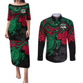 custom-rabbitohs-rugby-couples-matching-puletasi-dress-and-long-sleeve-button-shirt-bunnies-hibiscus-and-turtle-with-polynesian-pattern