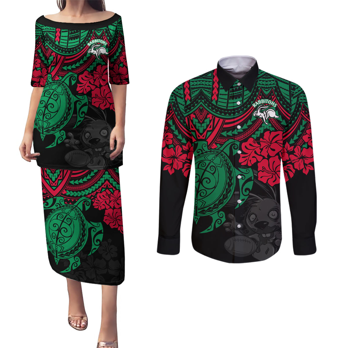 custom-rabbitohs-rugby-couples-matching-puletasi-dress-and-long-sleeve-button-shirt-bunnies-hibiscus-and-turtle-with-polynesian-pattern