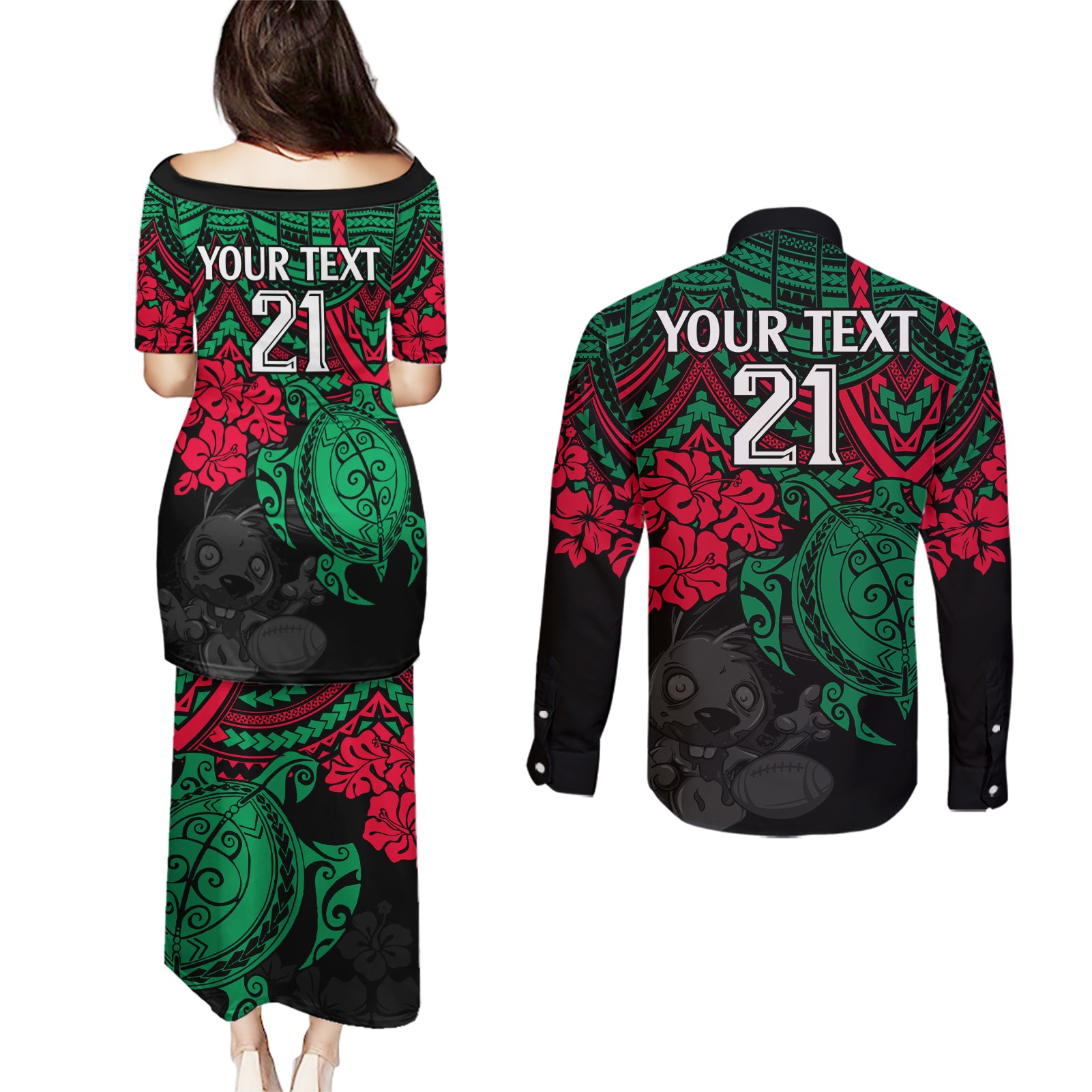 custom-rabbitohs-rugby-couples-matching-puletasi-dress-and-long-sleeve-button-shirt-bunnies-hibiscus-and-turtle-with-polynesian-pattern