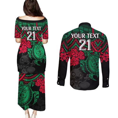 custom-rabbitohs-rugby-couples-matching-puletasi-dress-and-long-sleeve-button-shirt-bunnies-hibiscus-and-turtle-with-polynesian-pattern