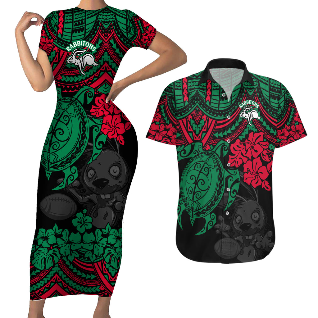 custom-rabbitohs-rugby-couples-matching-short-sleeve-bodycon-dress-and-hawaiian-shirt-bunnies-hibiscus-and-turtle-with-polynesian-pattern