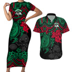 custom-rabbitohs-rugby-couples-matching-short-sleeve-bodycon-dress-and-hawaiian-shirt-bunnies-hibiscus-and-turtle-with-polynesian-pattern
