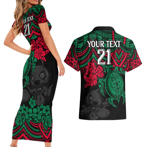 custom-rabbitohs-rugby-couples-matching-short-sleeve-bodycon-dress-and-hawaiian-shirt-bunnies-hibiscus-and-turtle-with-polynesian-pattern