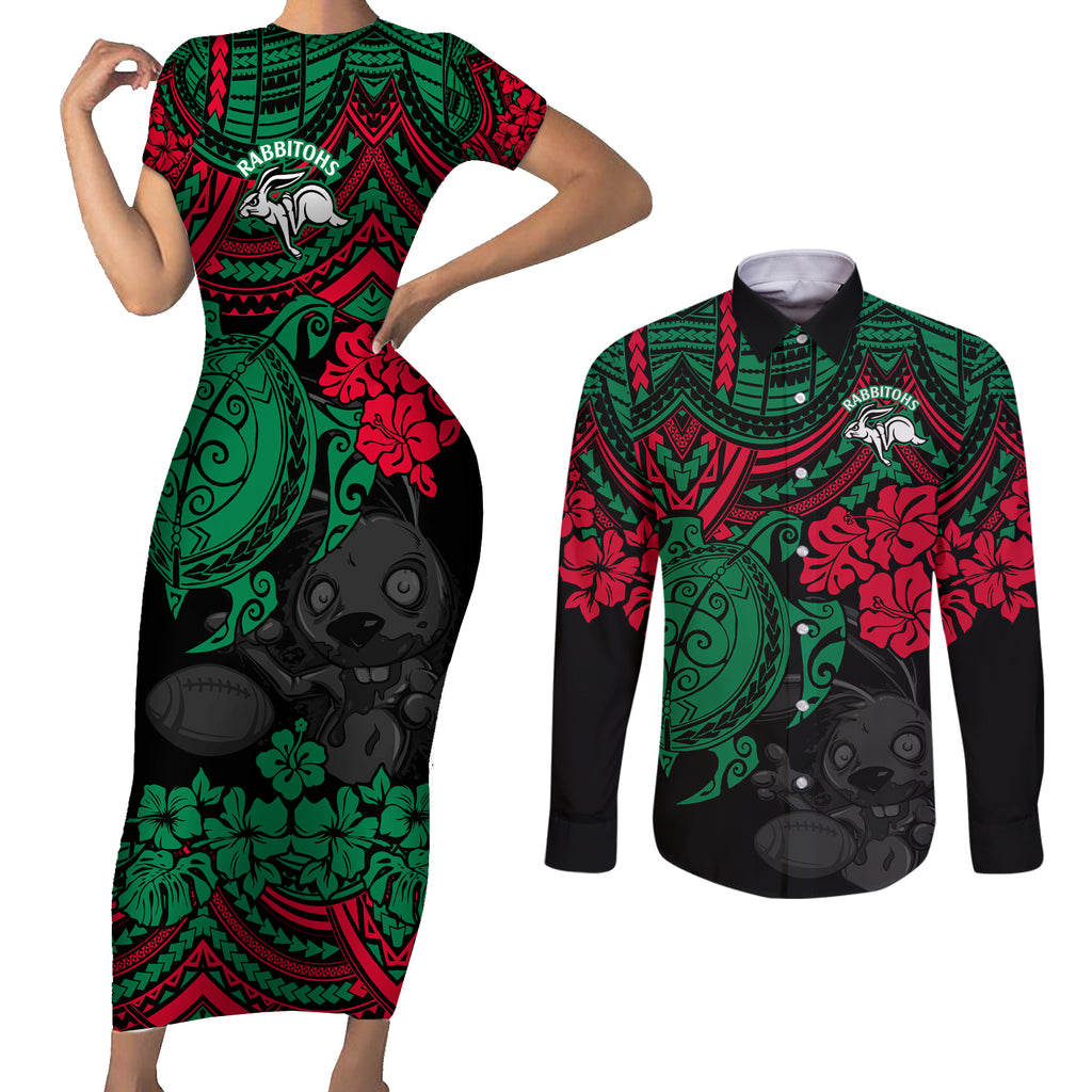 custom-rabbitohs-rugby-couples-matching-short-sleeve-bodycon-dress-and-long-sleeve-button-shirt-bunnies-hibiscus-and-turtle-with-polynesian-pattern