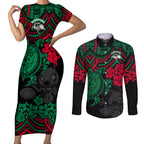 custom-rabbitohs-rugby-couples-matching-short-sleeve-bodycon-dress-and-long-sleeve-button-shirt-bunnies-hibiscus-and-turtle-with-polynesian-pattern