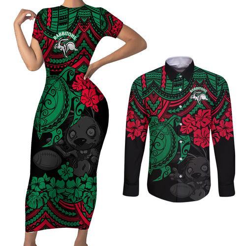 custom-rabbitohs-rugby-couples-matching-short-sleeve-bodycon-dress-and-long-sleeve-button-shirt-bunnies-hibiscus-and-turtle-with-polynesian-pattern
